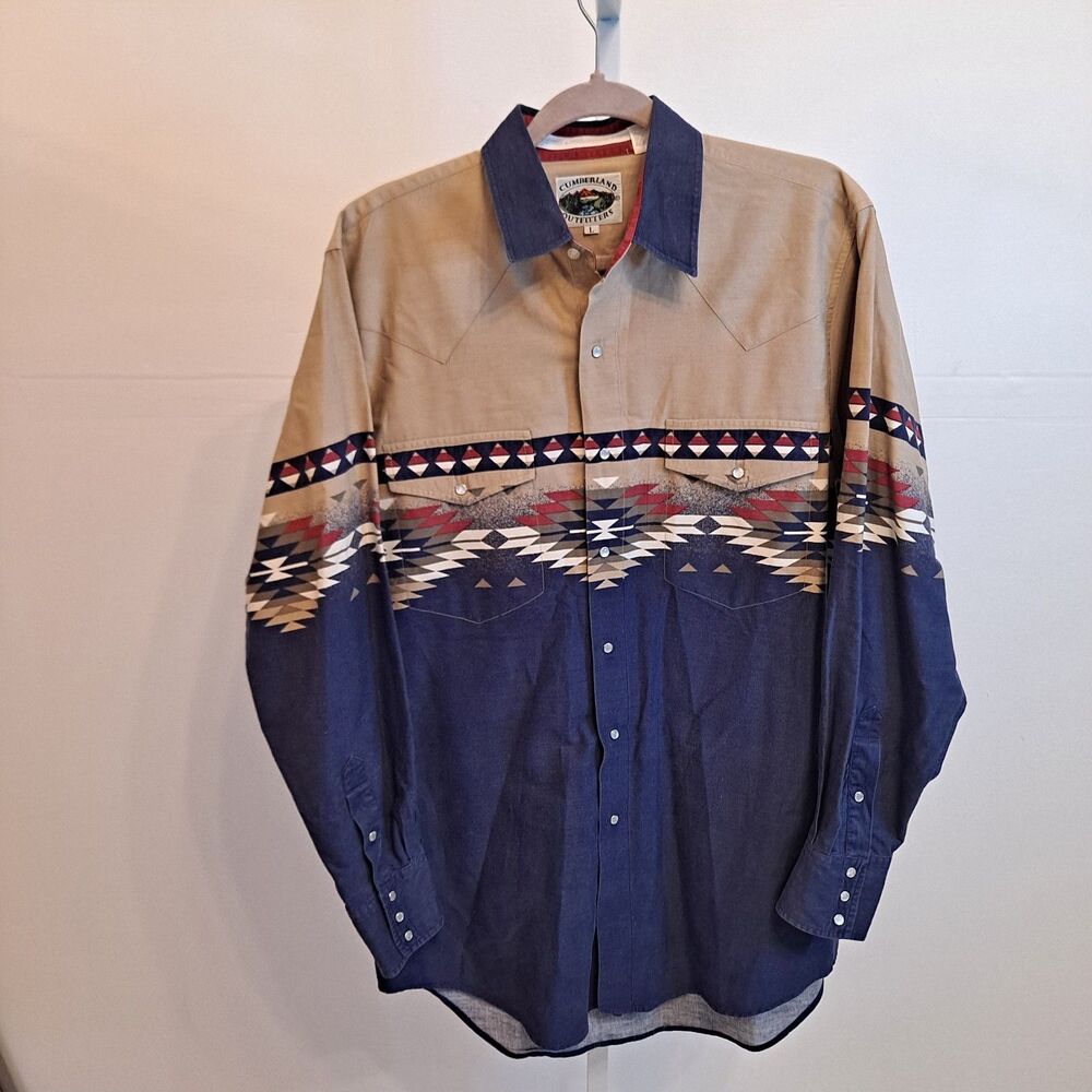 Cumberland Outfitters Western Pearl Snap Shirt Mens Lg Blue Beige Aztec Rodeo